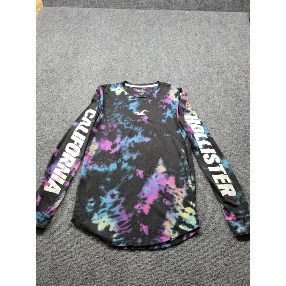 Hollister California Tie Dye Long Sleeve Graphic T-Shirt Black Blue Purple S